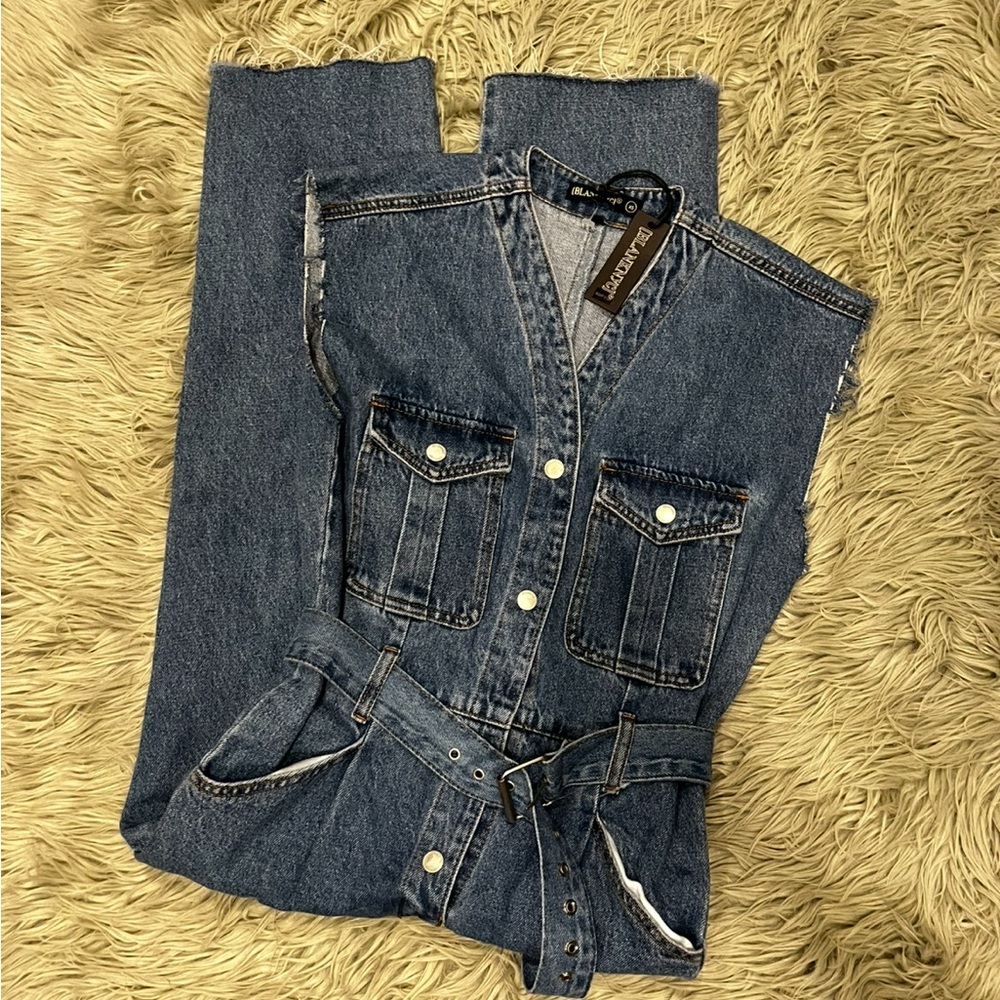 NWT BLANK NYC Distressed Cropped Denim Belted Jumpsuit - Picture 5 of 7